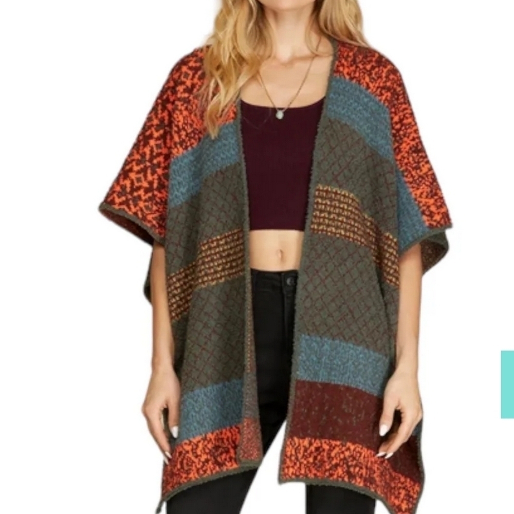 Colorful Chenille Open Side Poncho Caridgan Sweater S/M Boho Fall Colors